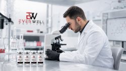Researcher using a microscope in a peptide laboratory